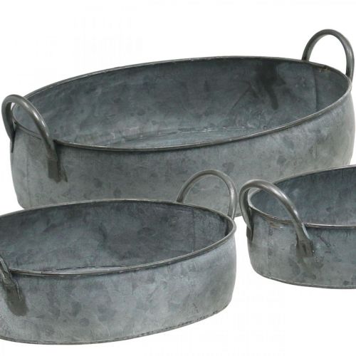 Floristik24 Pflanzgefäß mit Henkeln, Zinkwanne, Blumenschale Antik-Optik Silbern L35,5/30,5/26,5cm 3er-Set