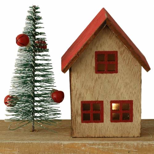 Floristik24 Weihnachtsdorf mit LED-Beleuchtung Natur, Rot Holz 40×10,5×7cm