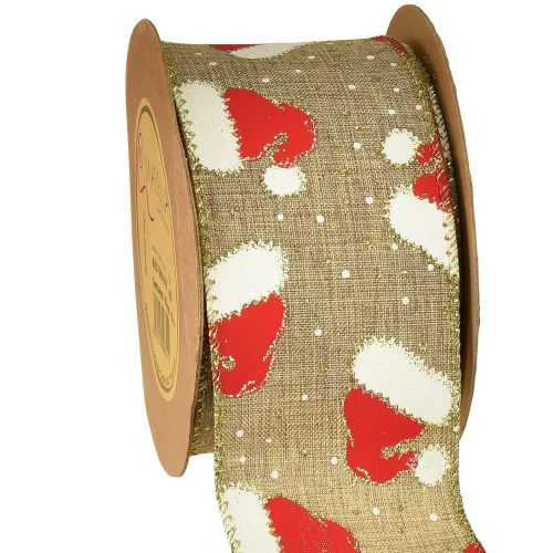 Weihnachtsband mit Santa-Mützen Band Braun 60mm 10m