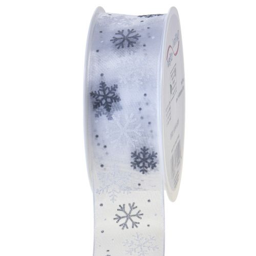 Floristik24 Weihnachtsband Organza Schneeflocken Weiß Grau 40mm 15m