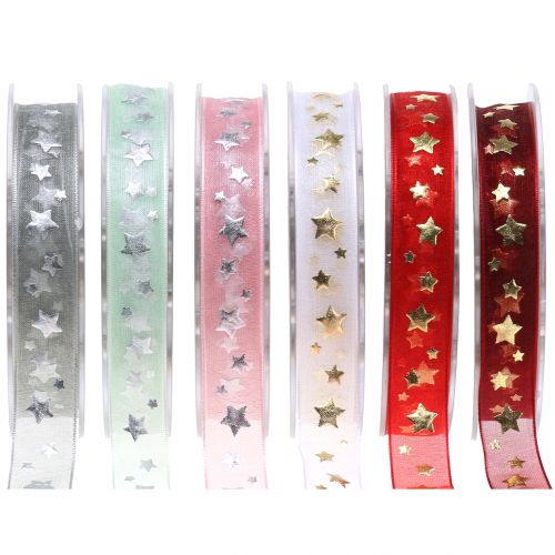 Weihnachtsband Organza mit Sternmotiv 15mm 20m
