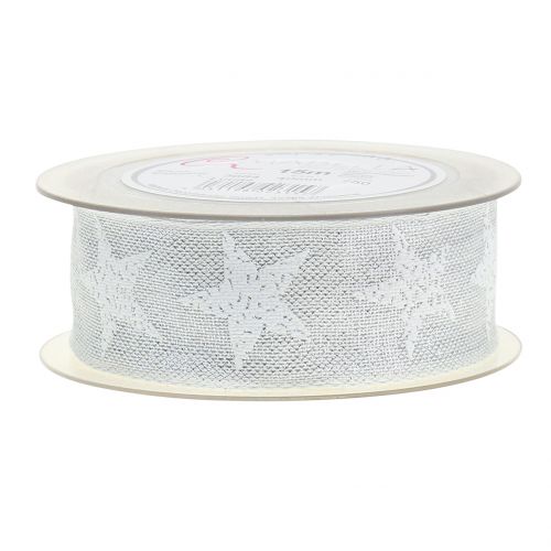 Floristik24 Weihnachtsband mit Sternmuster Weiß, Silber 40mm 15m