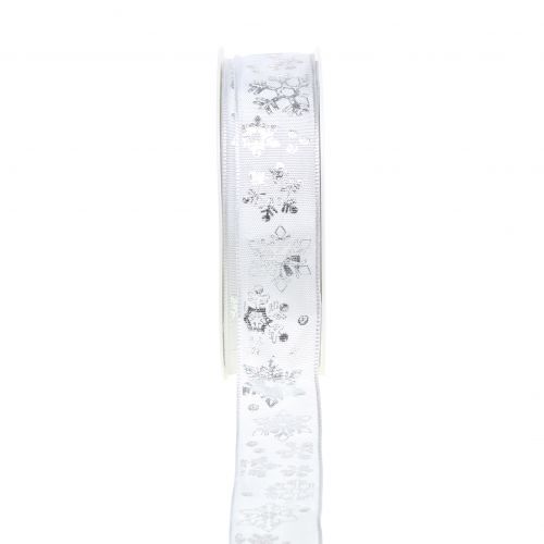 Floristik24 Weihnachtsband Weiß mit Schneeflocke Silber 25mm 20m