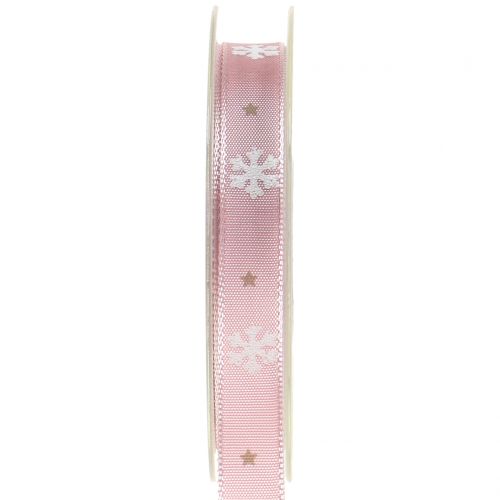 Floristik24 Weihnachtsband mit Schneeflocke Rosa 15mm 20m