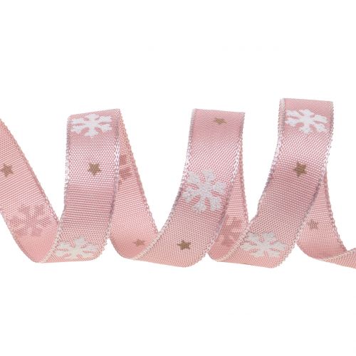 Floristik24 Weihnachtsband mit Schneeflocke Rosa 15mm 20m