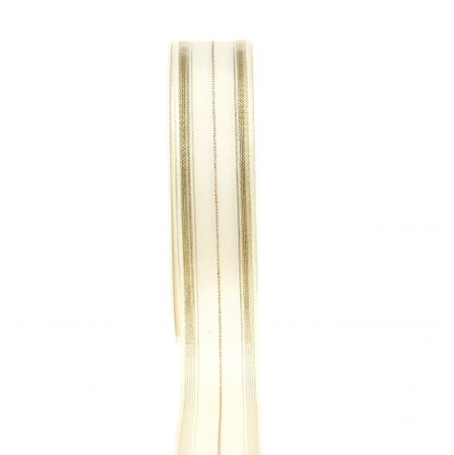 Floristik24 Weihnachtsband mit transparenten Lurexstreifen Weiß, Gold 25mm 25m