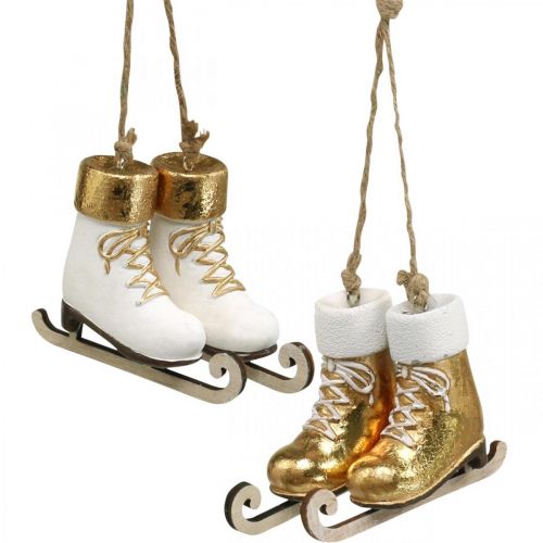 Floristik24 Weihnachtsbaumschmuck Schlittschuh Gold, Weiß 10×8×3cm 2Paar