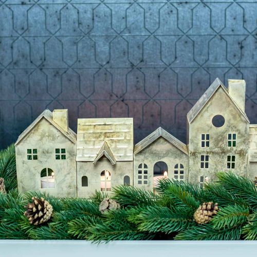 Floristik24 Weihnachtsdiorama, Metalldeko mit Beleuchtung, Lichthäuser Golden, Vintage-Look L67,5cm H20cm