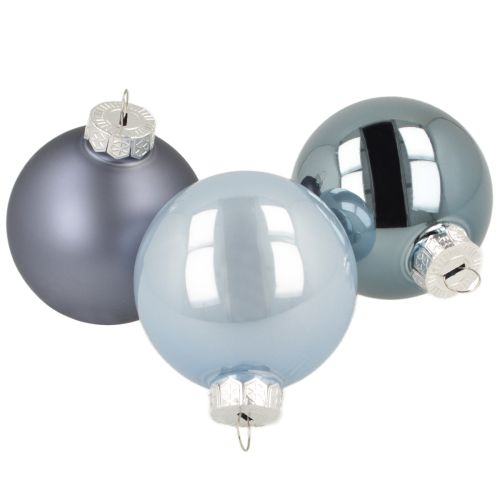 Christbaumkugeln Glas 3er-Set – hellblau, blau, metallicblau & matt mit Aufhänger 6cm 24St
