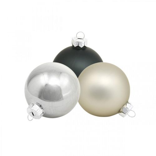 Artikel Mini-Weihnachtskugel, Baumschmuck-Mix, Adventsdeko Schwarz/Silbern/Perlmutt H4,5cm Ø4cm Echtglas 24 St