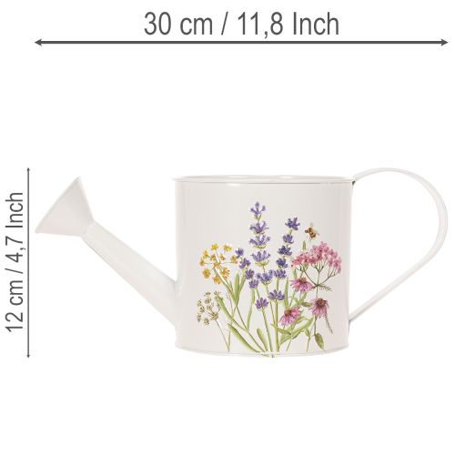 Weiße Metall-Gießkanne mit Blumenmotiv 30×13,5×12,5cm für Deko und Bepflanzung | Floristik24.at
