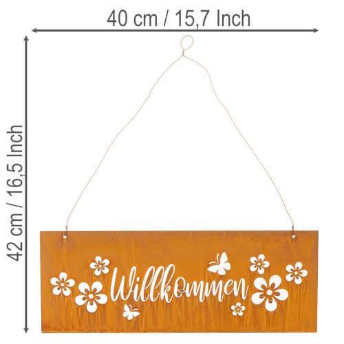 Willkommensschild Metall Edelrost 40x15 cm Rostbraun mit Blumen und Schmetterlingen | Floristik24.at