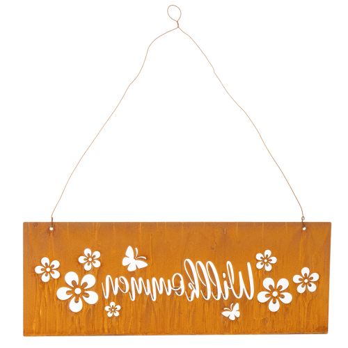 Willkommensschild Metall Edelrost 40x15 cm Rostbraun mit Blumen und Schmetterlingen | Floristik24.at