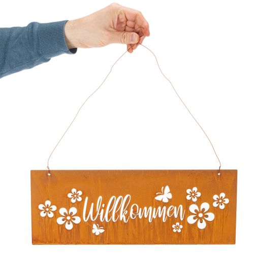 Willkommensschild Metall Edelrost 40x15 cm Rostbraun mit Blumen und Schmetterlingen | Floristik24.at