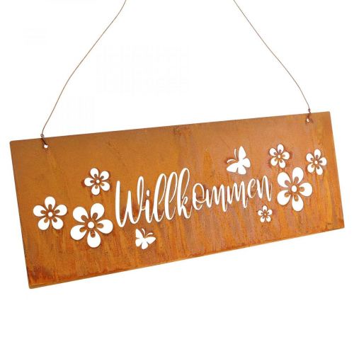 Artikel Willkommensschild Metallschild Edelrost Blumen 40x15cm