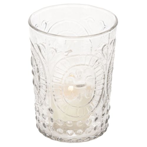 Windlicht aus Glas Ø7,5cm H10cm mit Ornamentmuster transparent | Floristik24.at