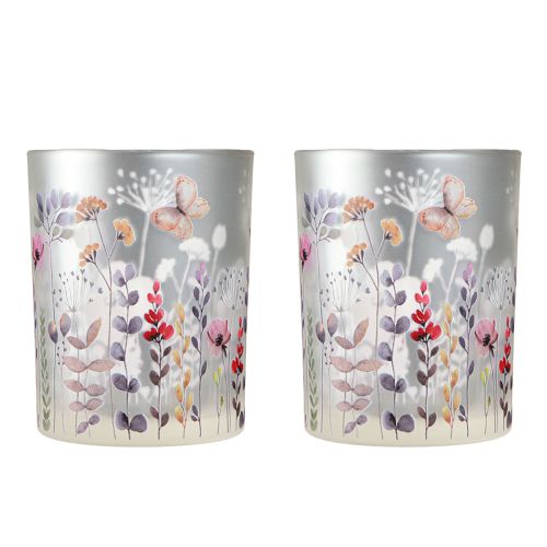 Artikel Windlicht Glas Mohn Wiese Silber Farbig H12,5cm 2 St