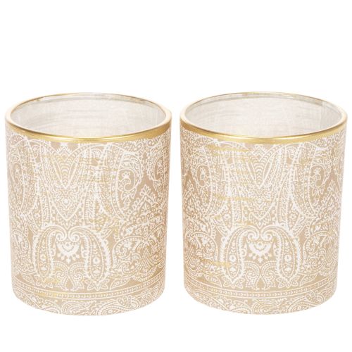 Windlicht Glas Teelichthalter Paisley-Muster Braun Weiß Gold Ø8cm H9cm 2 Stück