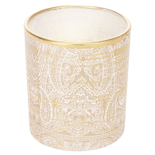 Windlicht Glas Teelichthalter Paisley-Muster Braun Weiß Gold Ø8cm H9cm 2 Stück | Floristik24.at