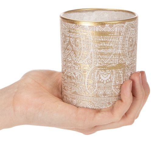 Windlicht Glas Teelichthalter Paisley-Muster Braun Weiß Gold Ø8cm H9cm 2 Stück | Floristik24.at