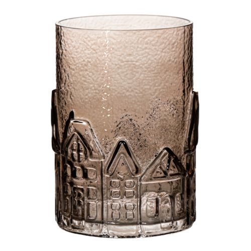 Windlicht aus braunem Glas mit Häuser-Relief 23 cm bestellen | Floristik24.at