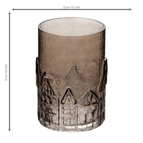 Windlicht aus braunem Glas mit Häuser-Relief 23 cm | Floristik24.at
