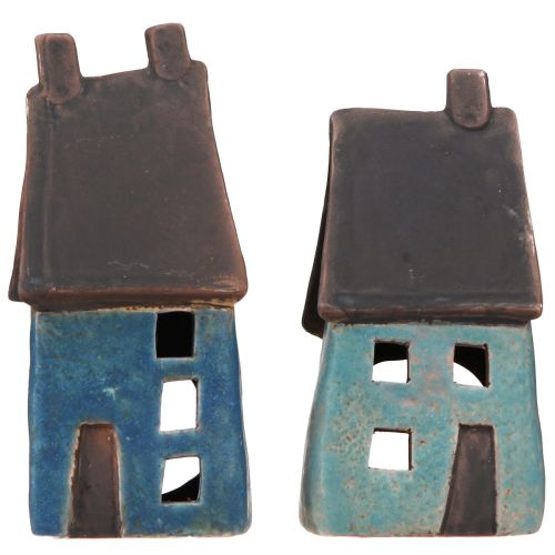 Artikel Windlichthaus Keramik Haus Blau Braun H15,5/17,5cm 2 St
