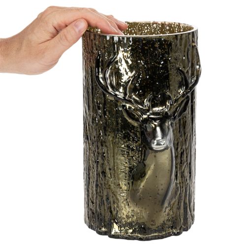 Windlicht Glas mit Hirschkopf und Baumrelief grünbraun 26cm | Floristik24.at