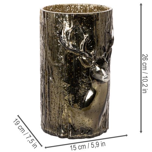 Windlicht Glas mit Hirschkopf und Baumrelief grünbraun 26cm | Floristik24.at