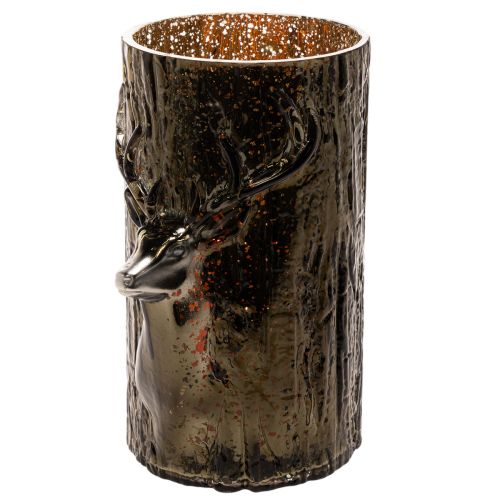 Windlicht Glas mit Hirschkopf und Baumrelief grünbraun 26cm | Floristik24.at