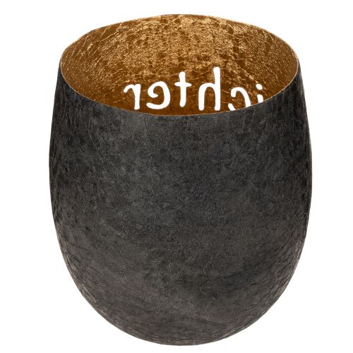 Windlicht aus Metall mit schwarzer Außenseite und goldener Innenfläche, 11 cm hoch | Floristik24.at