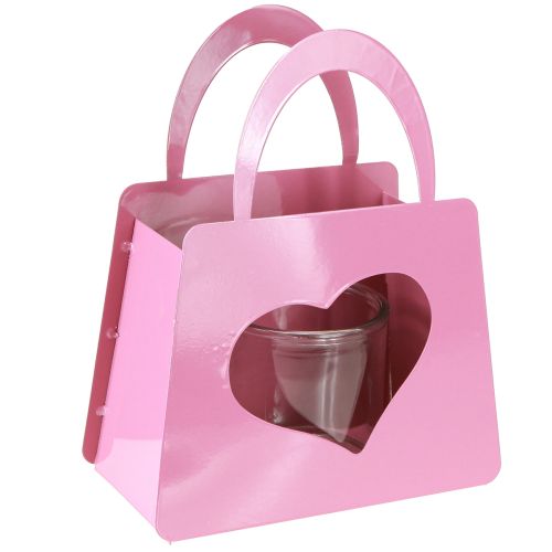 Windlicht Metall Tasche mit Glaseinsatz Rosa Herz H26cm