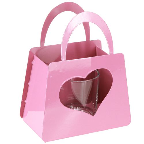 Windlicht Metall mit Glaseinsatz Tasche Rosa H18cm 2St
