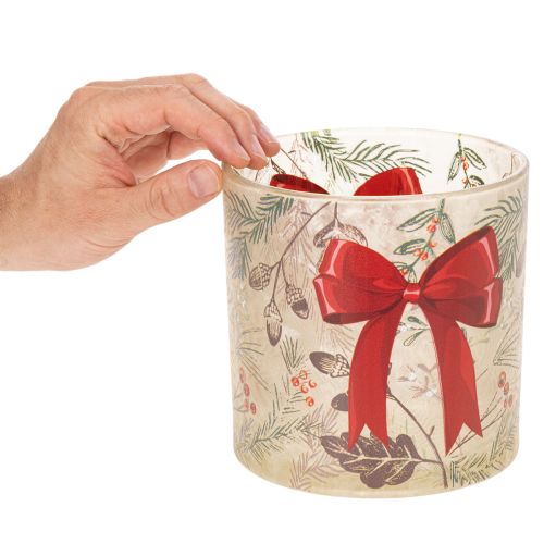 Windlicht Glas mit roter Schleife und Winterzweigen 15cm | Floristik24.at