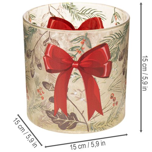Windlicht Glas mit roter Schleife und Winterzweigen 15cm | Floristik24.at