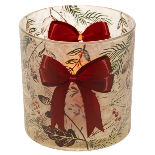Windlicht Glas mit roter Schleife und Winterzweigen 15cm | Floristik24.at