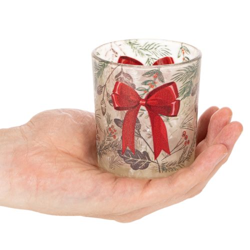 Windlicht Glas mit roter Schleife und Weihnachtszweigen 8 cm 2er-Set | Floristik24.at