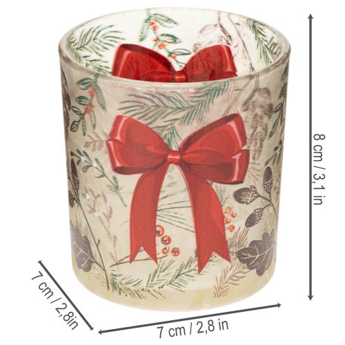 Windlicht Glas mit roter Schleife und Weihnachtszweigen 8 cm 2er-Set | Floristik24.at