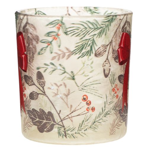 Windlicht Glas mit roter Schleife und Weihnachtszweigen 8 cm 2er-Set | Floristik24.at