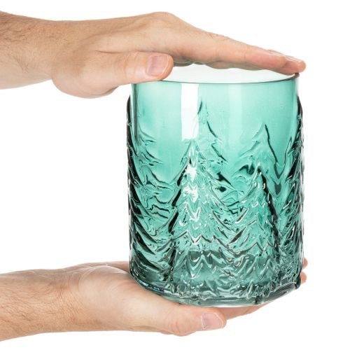Windlicht aus Glas mit Tannenrelief 16cm türkisgrün | Floristik24.at