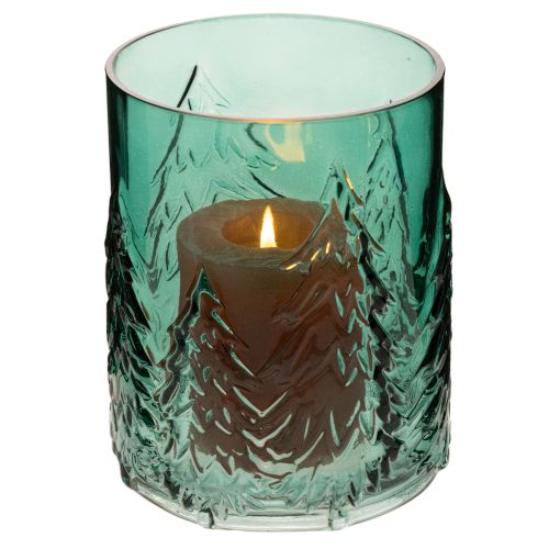 Windlicht aus Glas mit Tannenrelief 16cm türkisgrün | Floristik24.at
