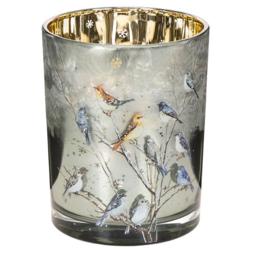 Kerzenglas aus Glas mit Winter-Vogelmotiv glänzend 12cm für Innenbereich