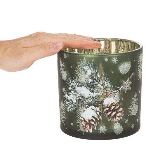 Windlicht Glas 15cm Grün Gold mit Tannenzapfen- und Schneeflockenmotiv | Floristik24.at