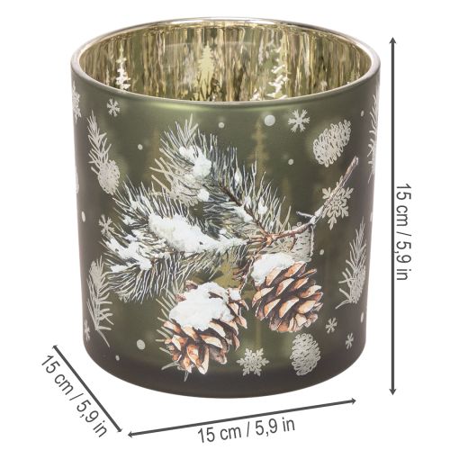 Windlicht Glas 15cm Grün Gold mit Tannenzapfen- und Schneeflockenmotiv | Floristik24.at