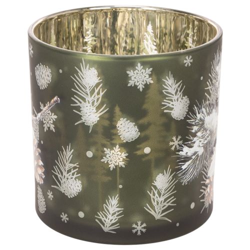 Windlicht Glas 15cm Grün Gold mit Tannenzapfen- und Schneeflockenmotiv | Floristik24.at