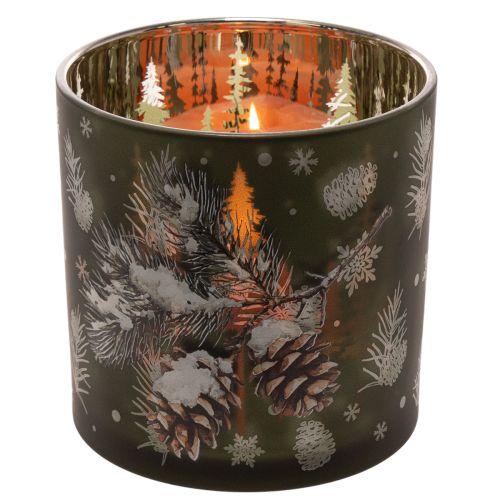 Windlicht Glas 15cm Grün Gold mit Tannenzapfen- und Schneeflockenmotiv | Floristik24.at