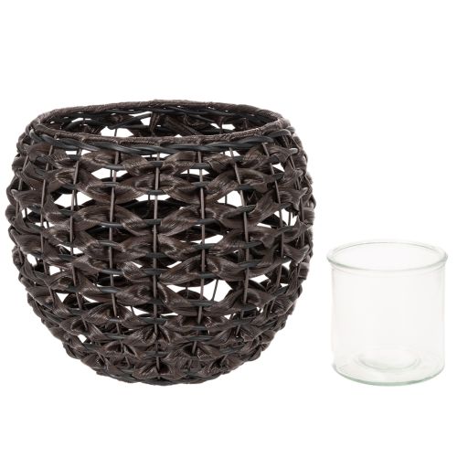 Windlicht geflochten Schwarz-Braun aus Kunststoff mit Glas Ø31 cm H25 cm | Floristik24.at