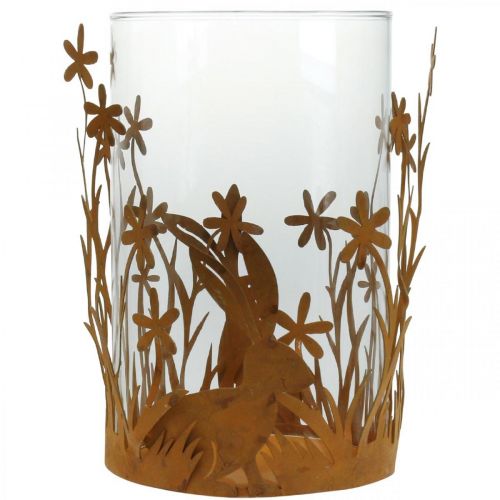Artikel Windlicht mit Hasen, Frühlingsdeko, Metalldeko mit Blumen, Ostern Edelrost Ø11,5cm H18cm