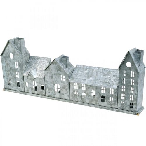 Häuserzeile, Metalldeko zum Beleuchten, Adventsdeko, Windlicht Silbern L52cm H20cm | Floristik24.at