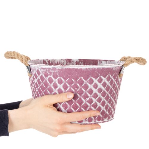 Zinkschale mit Rautenmuster und Flachsgriffen, Ø 24,5 cm, Violett-Weiß gewaschen | Floristik24.at